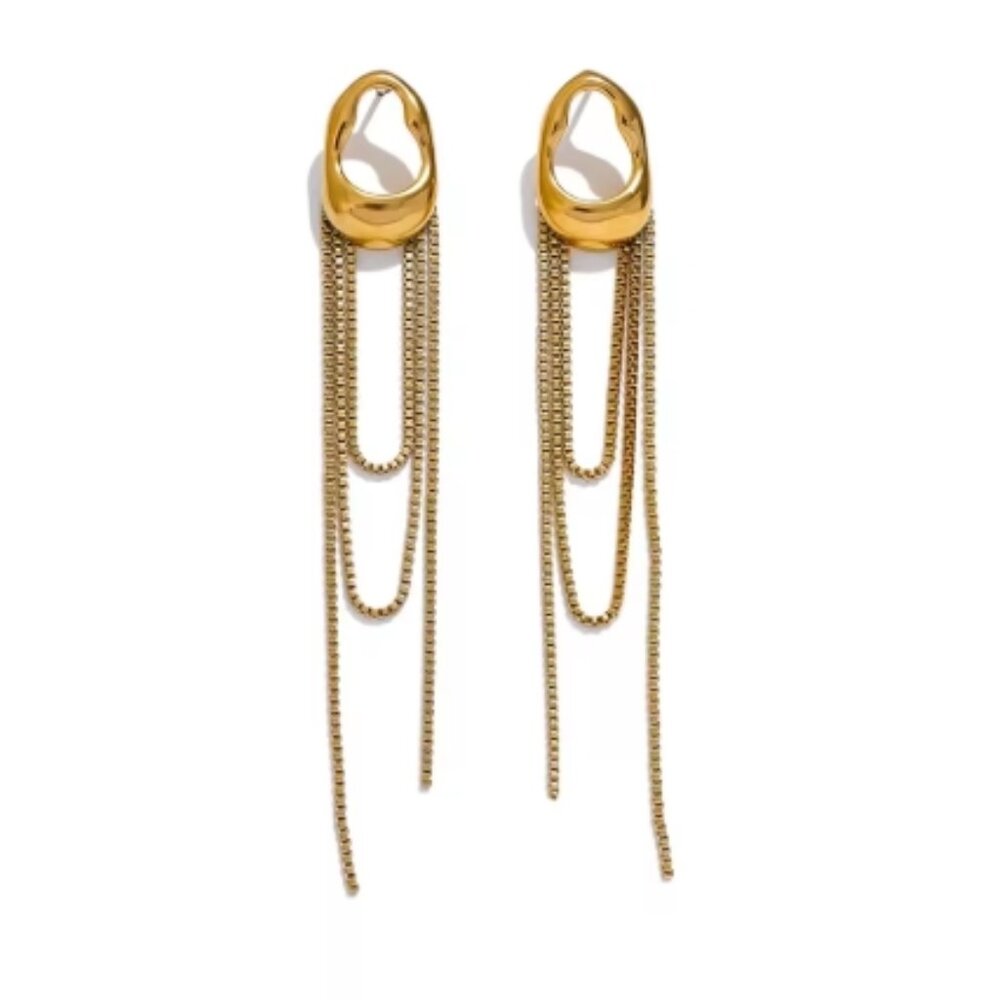 Geometric Tassel Chain Drop Earrings – 3" Long, Women's Earring, Gold Jewelry